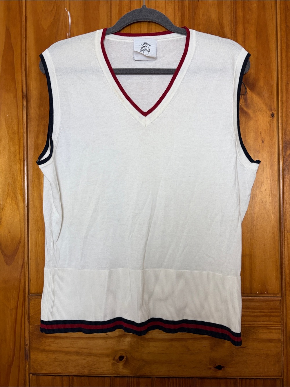 Brooks Brothers White V-Neck Sweater Vest Navy Red Trim BB3 Large Cotton